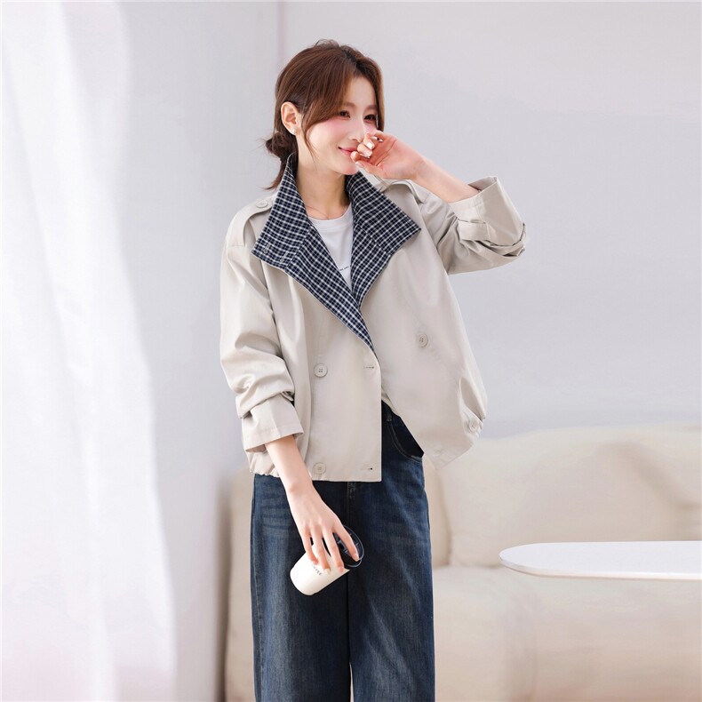 拼接撞色短风衣外套女2026新款，禁止低价，女装风衣，鑫源服饰