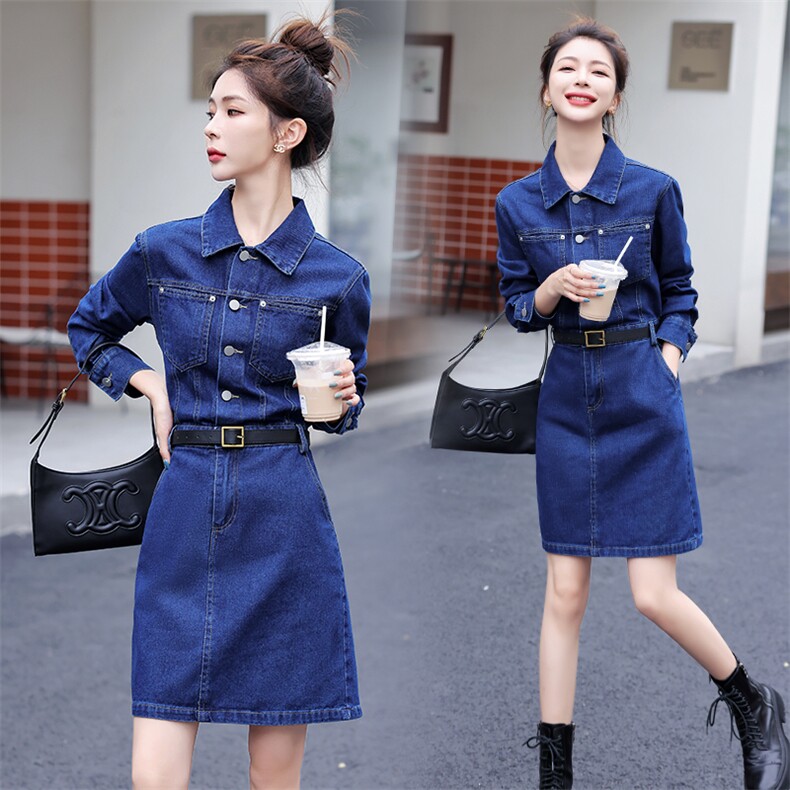 （现货）2025秋装新款时尚气质长袖收腰短裙牛仔连衣裙（配腰带），女装连衣裙，印象茜