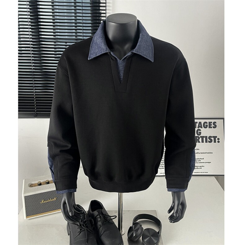 自家图！假两件翻领拼接宽松套头高级感卫衣，男装卫衣，星座617C