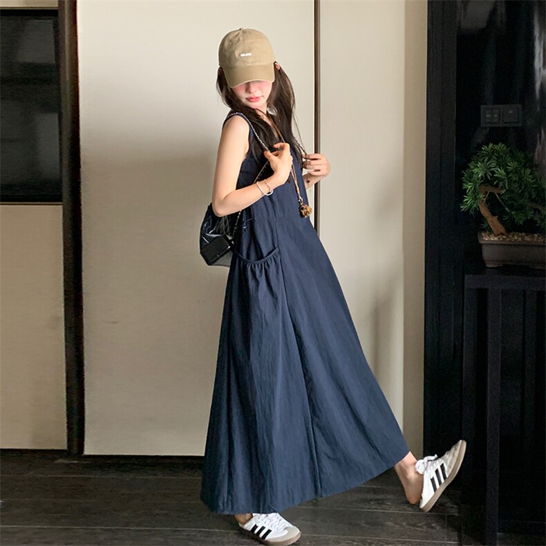 深蓝色圆领无袖连衣裙女2025夏季新款韩系设计感气质显瘦背心长裙，女装连衣裙，浙宝220