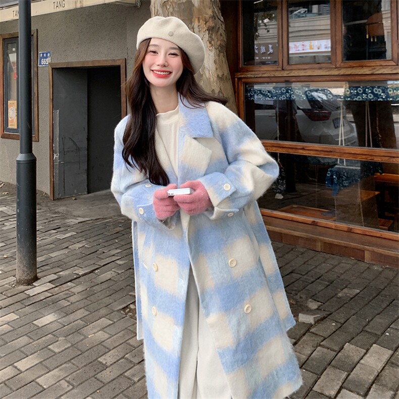 2025年秋冬季女装女士蓝色格子毛呢外套,女装毛呢外套,2C120