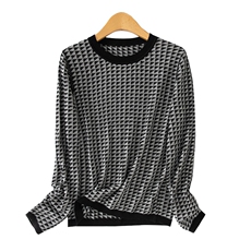 韩版时尚格子图案羊毛打底衫简约百搭显瘦长袖针织衫，女装针织衫/毛衣，丹芙娇羊绒