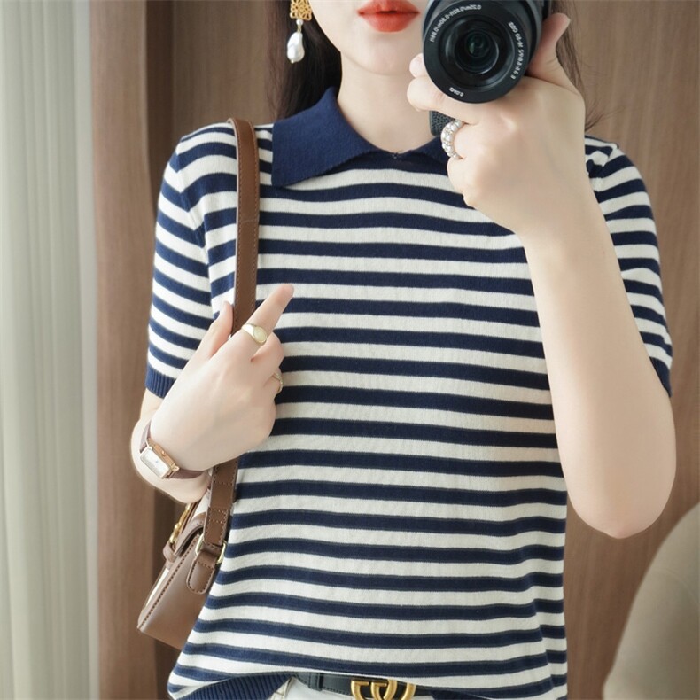 25年夏娃娃领撞色条纹纯棉短袖T恤宽松休闲套头翻领棉麻半袖上衣，女装T恤，品高羊绒