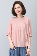 天丝T恤女2023新款夏季时尚中年妈妈小个子遮肉显瘦宽松棉麻上衣，女装T恤，忆绮罗