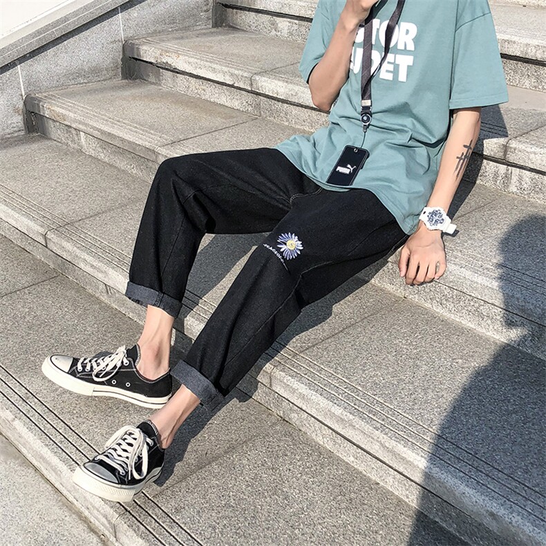夏款男牛仔裤宽松下坠小雏菊字母印花潮直筒九分裤n,男装牛仔裤,星座1013-1
