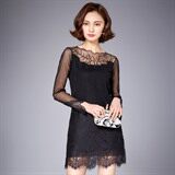优雅蕾丝拼接长袖连衣裙显瘦修身气质女装时尚百搭秋季新款，女装连衣裙，安之芮娜