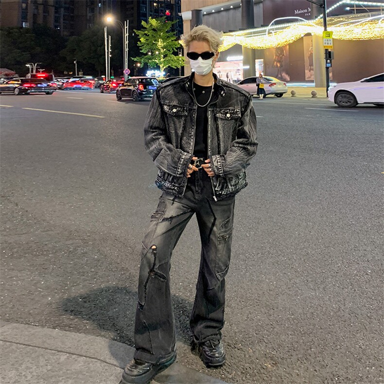 【自家图】现货春季美式毛边牛仔外套欧美街头垫肩复古短款夹克，男装工装外套，星座301D-2(原星座1004-1）