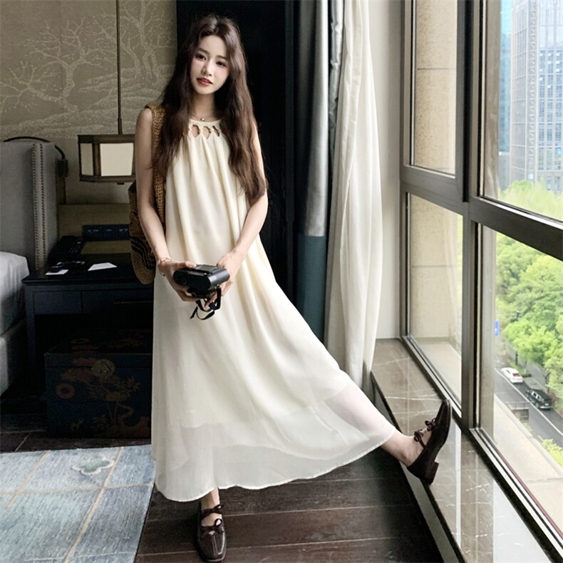 【夏季】米白色网纱挂脖连衣裙2C158-8670-P115-K168,女装连衣裙,2C158