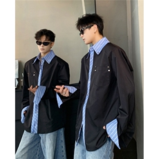 高级感小众设计感廓形拼接条纹韩长袖衬衫男潮流宽松CS91-P58，男装衬衫，电商C307