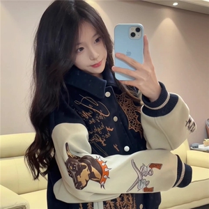 美式复古印花字母拼接PU皮棒球服夹克男女潮牌宽松百搭情侣外套潮图片