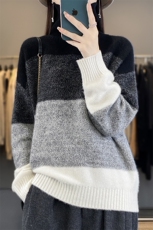休闲/淑女2024年秋冬季单件长袖高翻领花纱拼色套头羊毛衫，女装羊毛衫，丽特绒