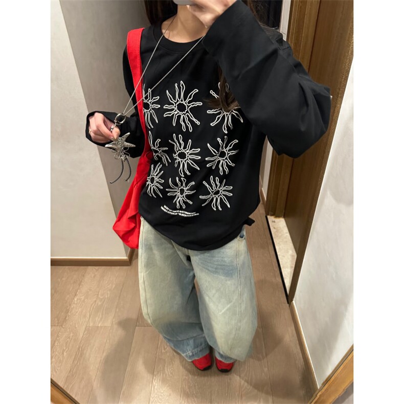 网图现货男女同款太阳花印花圆领长袖T恤打底衫CT812-P29,男装T恤,电商C310