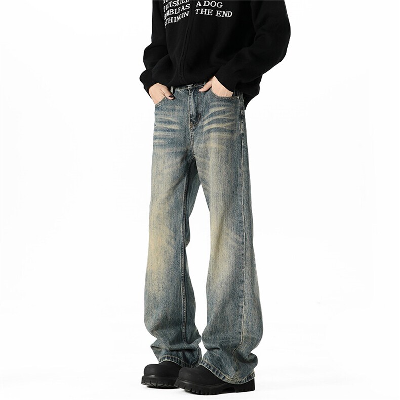 GENIOLAMODE美式复古水洗猫须牛仔裤男士秋季新款直筒宽松微喇裤，男装牛仔裤，电商A001