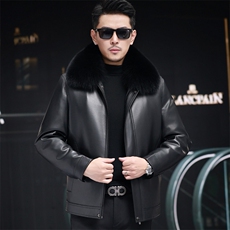 真皮皮衣男中年爸爸装狐狸毛毛领中老年外套羽绒皮夹克冬季保暖装，男装夹克，星座715-3