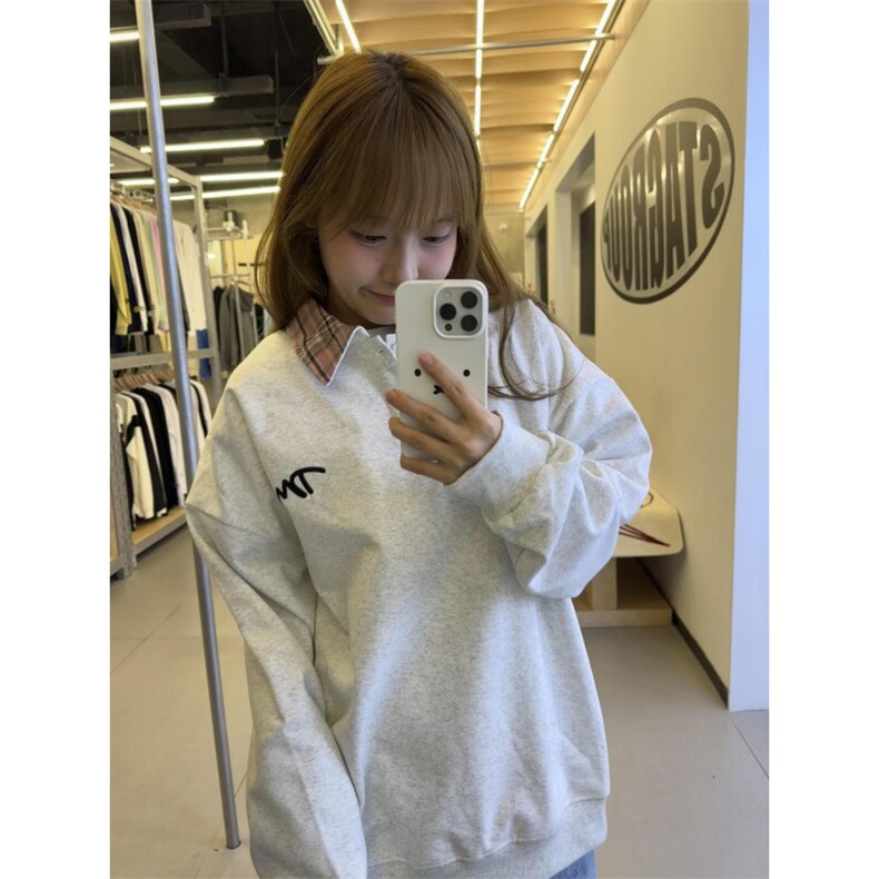 5279-P48美式学院风撞色格子polo领卫衣薄款/加绒,女装卫衣/绒衫,星座617A-2