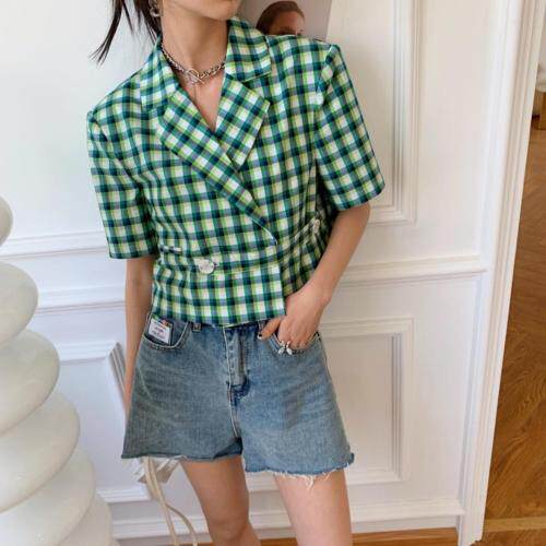 【现货】2021夏季新品百搭绿格子上衣，女装，blue face