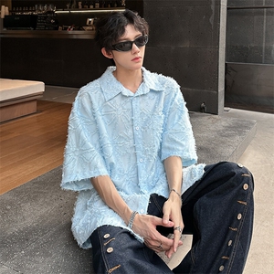 特批P35无差价夏季毛边纹理感嘻哈男美式大码潮流短袖衬衫CD5499图片