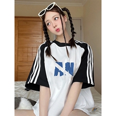 夏季美式高街重磅纯棉三条杠织带插肩撞色男女短袖T恤CZ56-特P25，男装T恤，电商A486