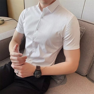高级感白色尖领衬衫男短袖潮流修身半袖条纹衬衣时尚休闲商务上衣图片