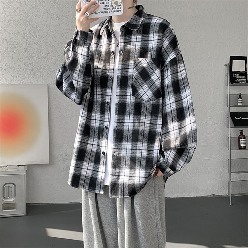 衬衫男秋季新款港风宽松大码磨毛格子长袖衬衣CS6638-特P29，男装衬衫，星座214-3