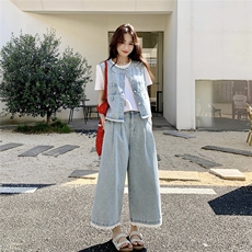 蕾丝花边拼接牛仔马甲套装女2025夏季港风复古小个子阔腿裤两件套，女装套装/套裙，2C159