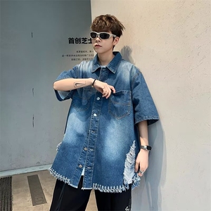 夏季短袖牛仔衬衫男ins潮牌港风设计感休闲宽松半袖外套9160 P50图片