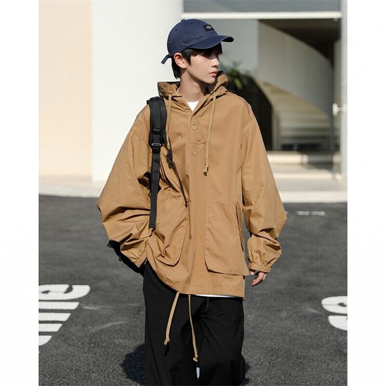 HY073-P38新款情侣连帽夹克男宽松套头休闲上衣百搭纯色工装外套,男装夹克,电商C233
