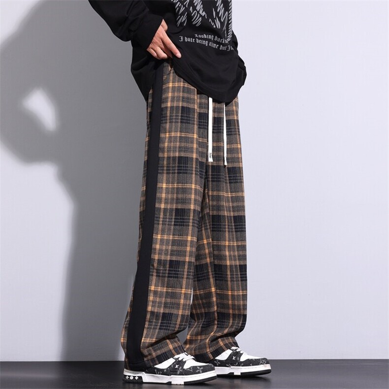 春季新款潮流美式高街垂感设计宽松格子直筒长裤A436-827-P35,男装休闲裤,电商A436