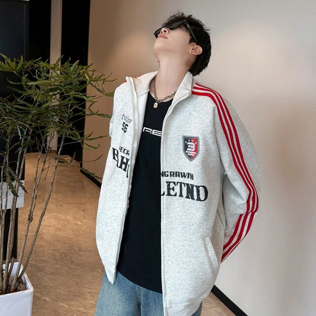 美式复古拉链条纹开衫外套男女秋季运动宽松情侣夹克WC73,男装夹克,星座1116A-1（原606A）