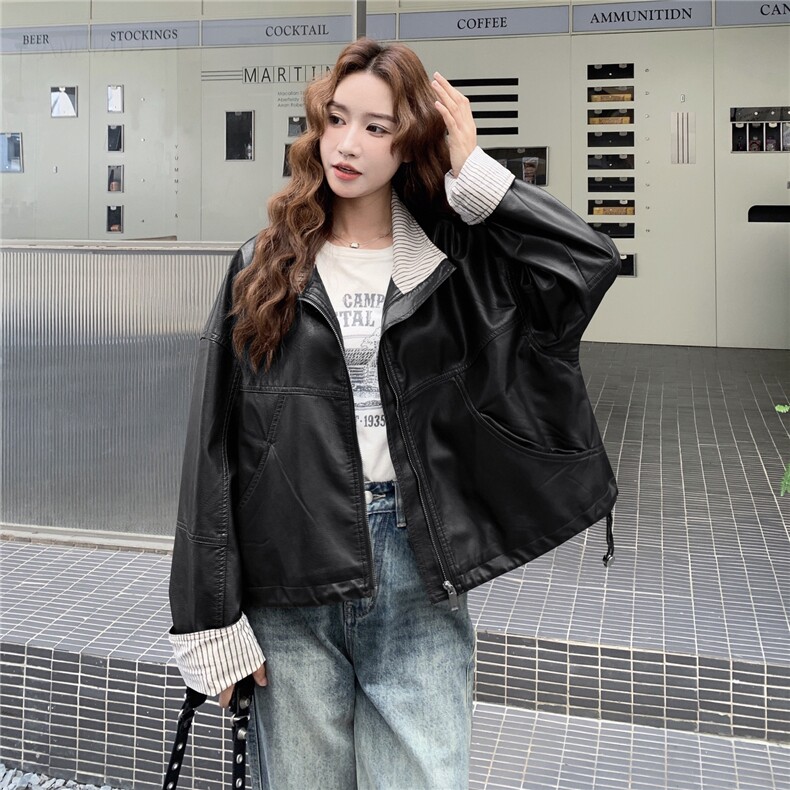 美式复古高级感条纹撞色PU皮衣外套女2025春秋季新款韩系显瘦夹克,女装皮衣,蝶眷