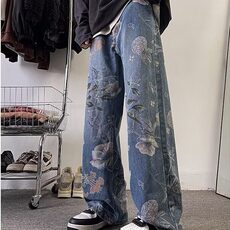 美式复古做旧牛仔裤男款设计感小众直筒阔腿潮牌炸街痞帅裤子，男装牛仔裤，星座601-1