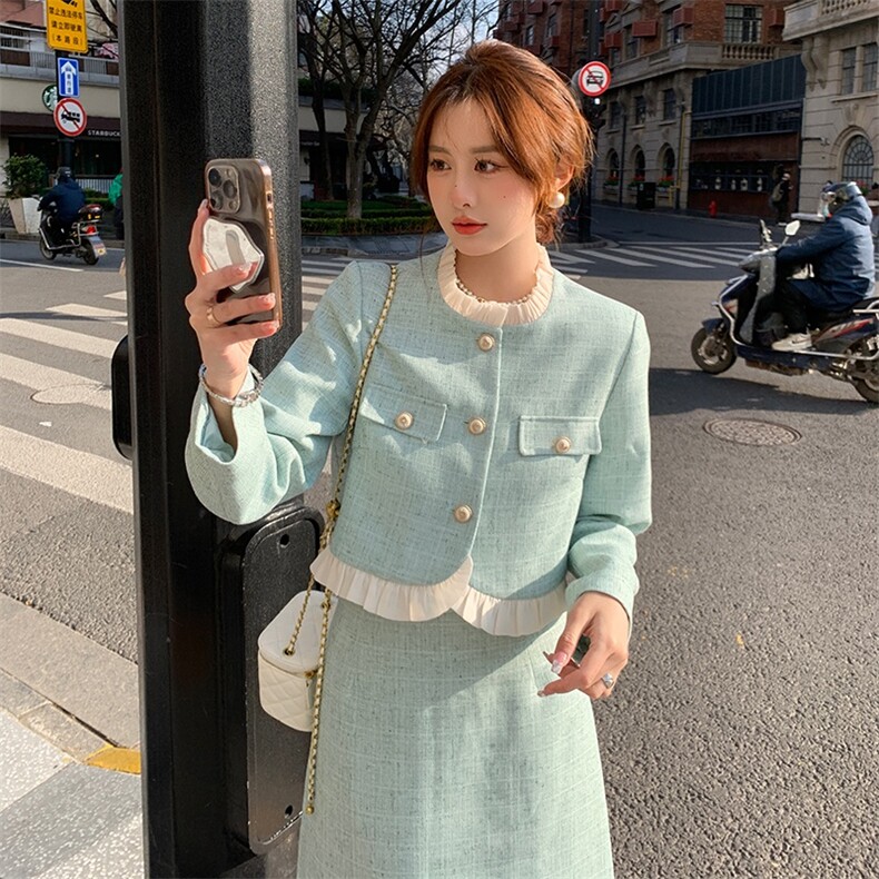 蓝色小香风套装裙女秋季2025新款法式名媛气质高级感半身裙两件套,女装套装/套裙,2C203