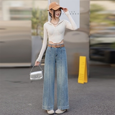 高级感浅蓝色阔腿牛仔裤女春季2025新款高腰宽松垂感小个子直筒裤，女装牛仔裤，美拉德工厂直营店