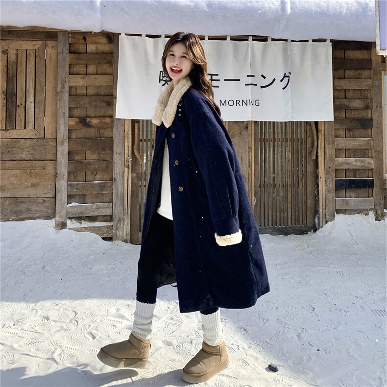 复古拼接羊羔毛派克服女2025冬季新款时尚中长款加厚保暖通勤外套,女装羽绒服,2C293