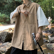 夏季日系男工装短袖衬衫痞帅高级感休闲假两件衬衣五分袖C085-P40，男装衬衫，星座308B-1