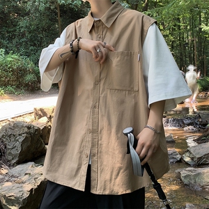 夏季日系男工装短袖衬衫痞帅高级感休闲假两件衬衣五分袖C085-P40图片