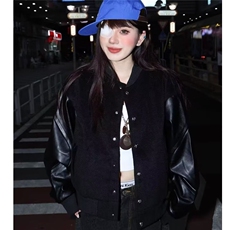 慵懒简约文艺潮流新款气质毛呢拼皮袖双层棒球服夹克百搭时尚原宿，男装夹克，星座1210-1