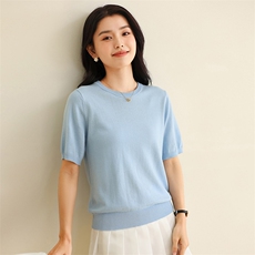 100%纯棉针织短袖女士2025夏季新款全面吸汗T恤圆领套头体恤上衣，女装T恤，伊绒腾羊绒