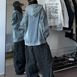复古做旧水洗连帽牛仔外套男春秋季新款美式潮牌痞帅工装夹克上衣图片