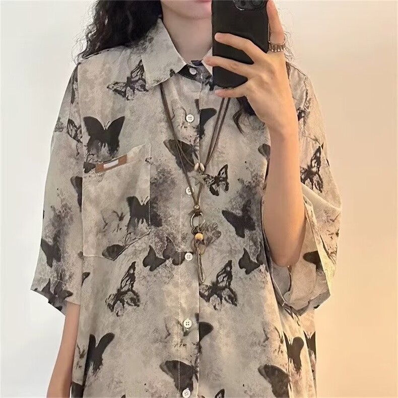 美式复古满印蝴蝶短袖衬衫男女宽松休闲设计感夏季半袖CSK5244,男装T恤,星座516A