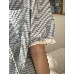 韩ins日系文艺复古格子连帽花边短袖衬衫女夏宽松显瘦上衣图片