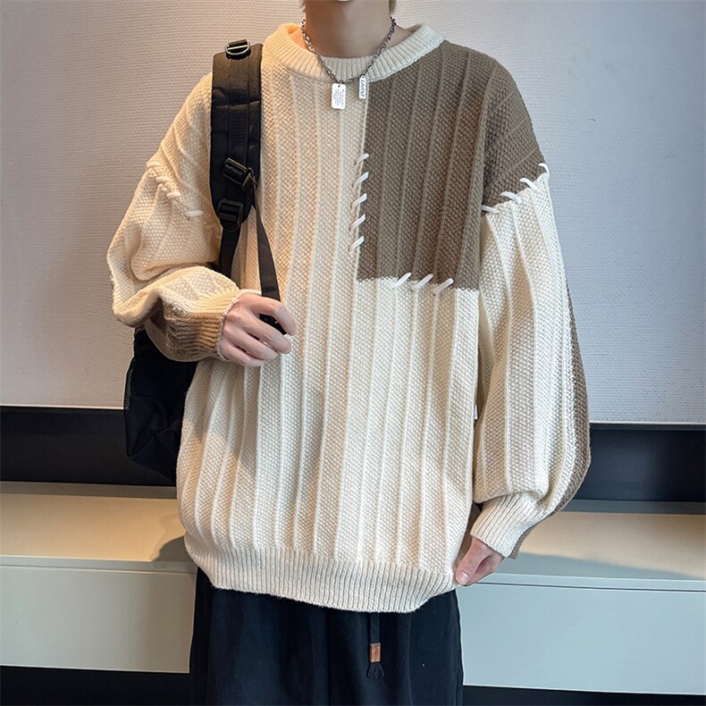 秋冬男圆领套头毛衣条纹拼色穿孔抽绳针织衫休闲外套M6008 P50图片