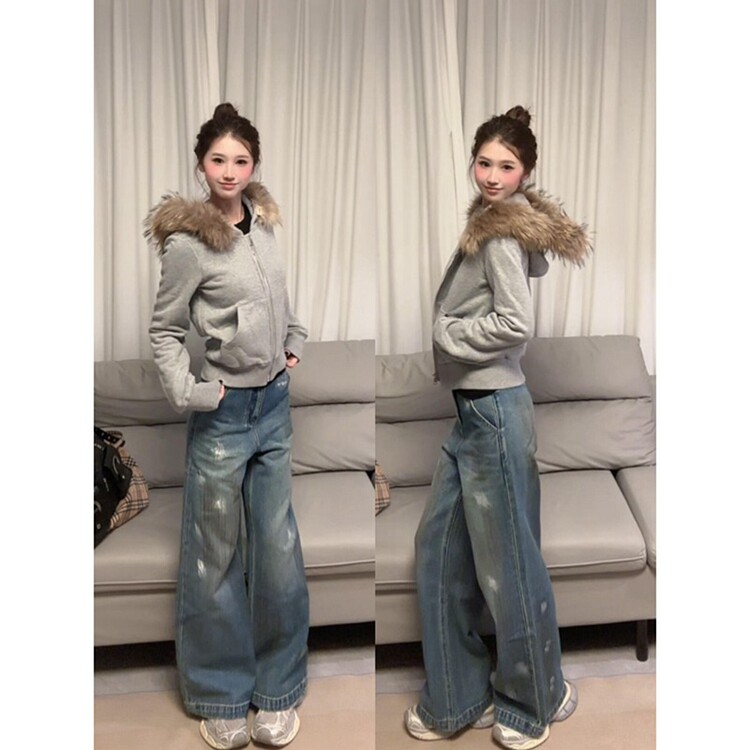 灰色美式复古毛领连帽卫衣外套女秋冬季2025新款显瘦上衣百搭开衫,女装短外套,星座218-8