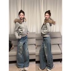 灰色美式复古毛领连帽卫衣外套女秋冬季2025新款显瘦上衣百搭开衫，女装短外套，星座218-8