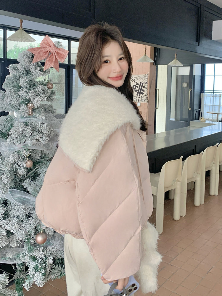 韩系羊羔毛大翻领粉色羽绒服女2025冬季新款小个子超好看保暖外套,女装羽绒服,2C133