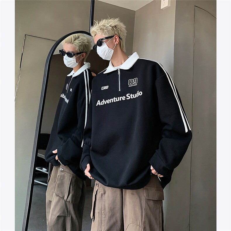 主推高密华夫格拼接撞色翻领套头卫衣男三条织带秋季外套P68,男装卫衣,电商C306-1