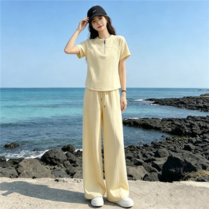 潮流时尚休闲运动套装女夏季新款显瘦气质立领短袖上衣长裤两件套图片