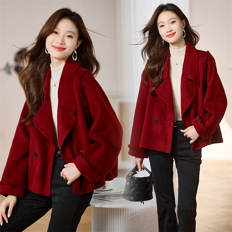 2025冬季新款双面羊绒大方领短款袖口毛八边时尚外套，女装双面呢大衣，蝶眷