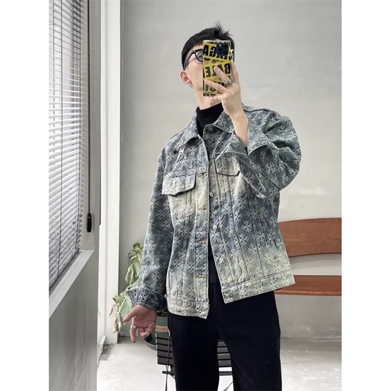 潮牌个性满印字母复古牛仔翻领衬衣外套男生2025春季韩版休闲衬衫,男装衬衫,星座506A