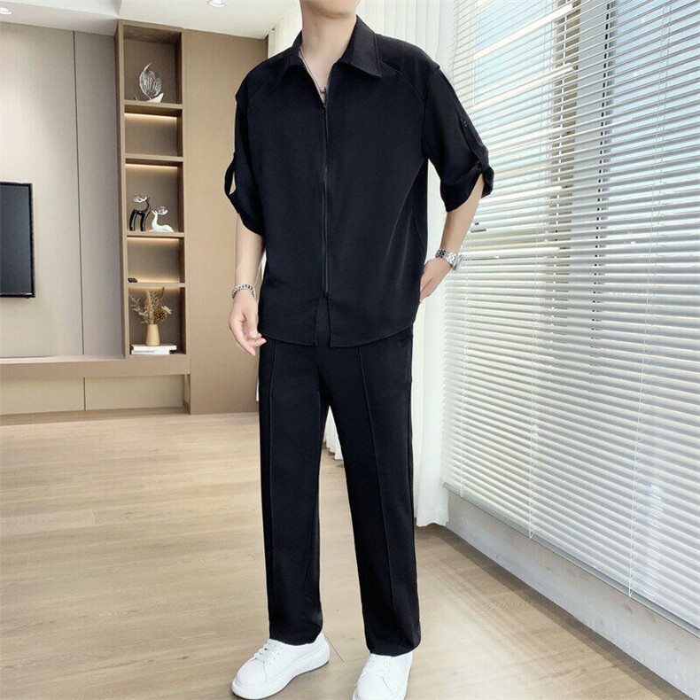 夏季凉感冰丝短袖衬衫长裤套装休闲透气时尚两件套,男装T恤,星座1206（原A206）